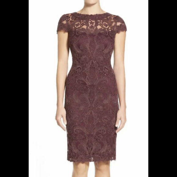 Tadashi Shoji Corded Embroidery On Tulle Cap Sleeve Cocktail Dress Burgundy